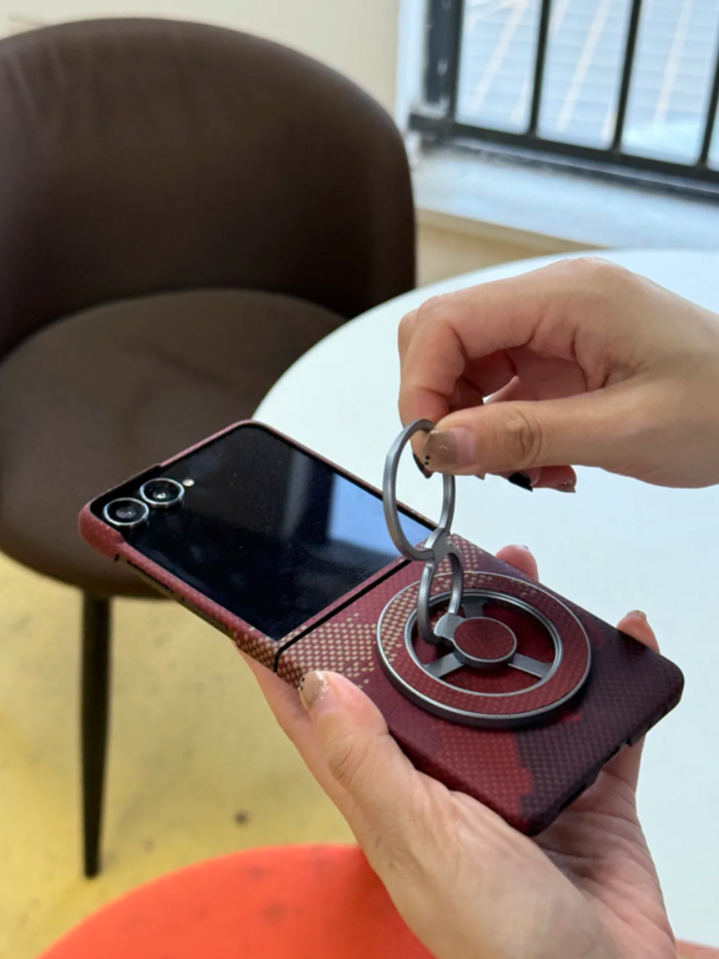 Burgundy Carbon Fiber Z Flip Case with Rotating Ring Holder