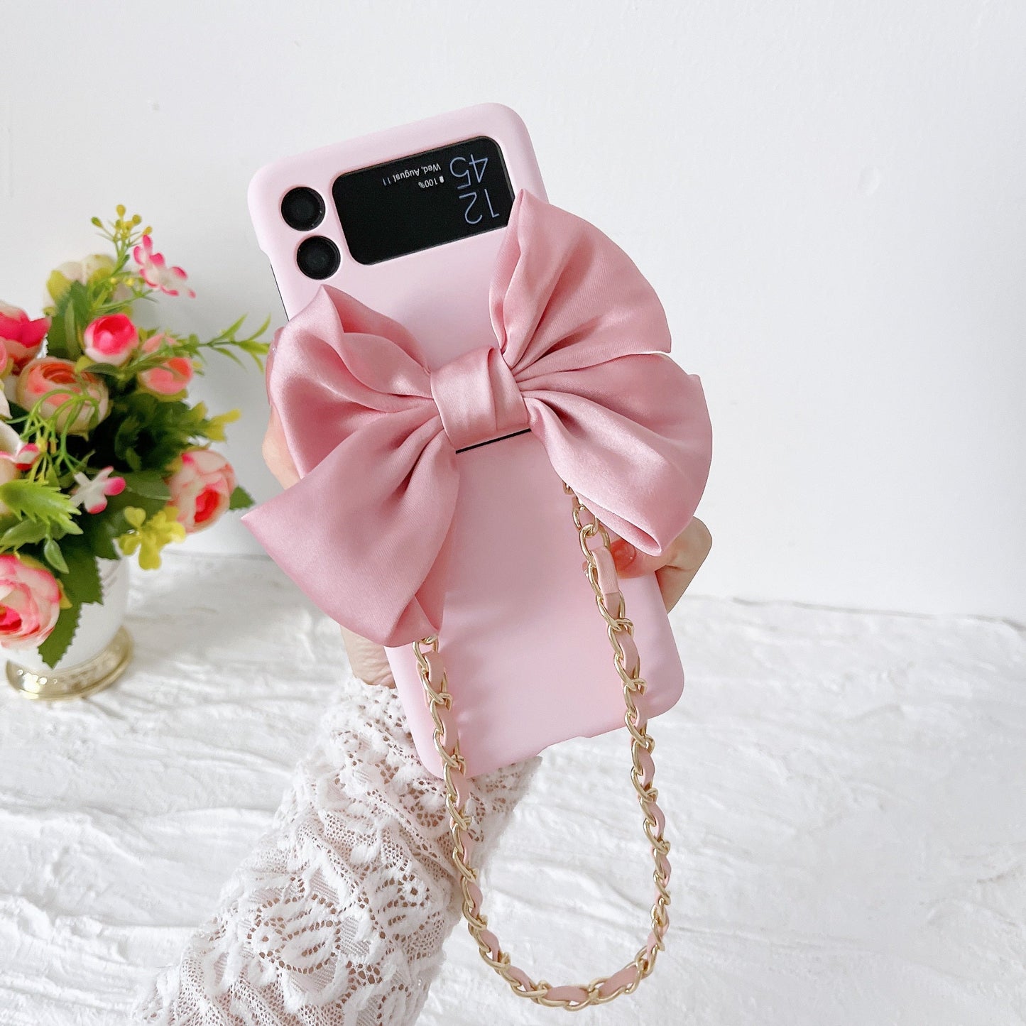 Korean 3D Leather Bow Lanyard Necklace Strap Hard Phone Case For Samsung Galaxy Z Flip 4