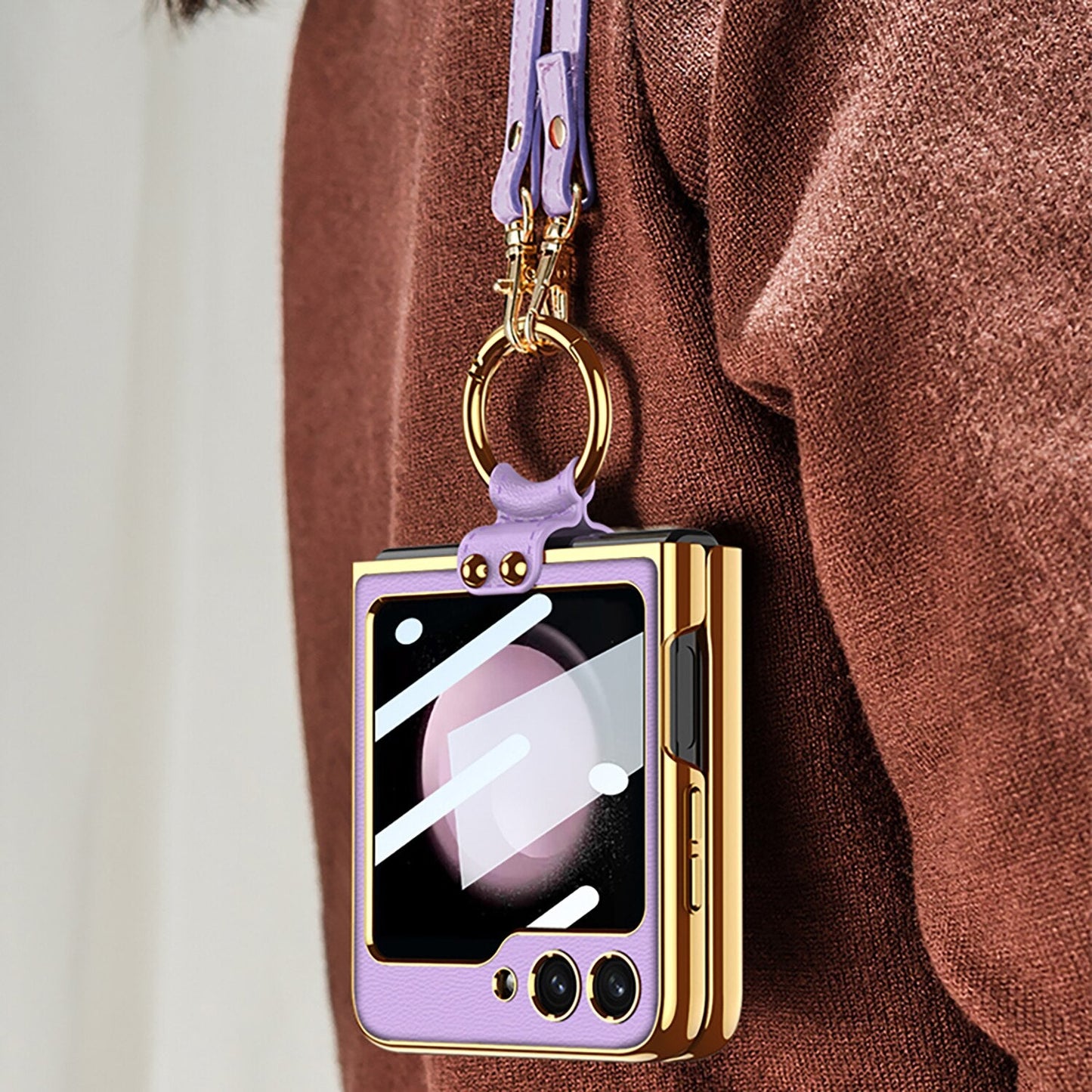 Luxury Leather Case with Ring Holder Lanyard for Samsung Galaxy Z Flip 5