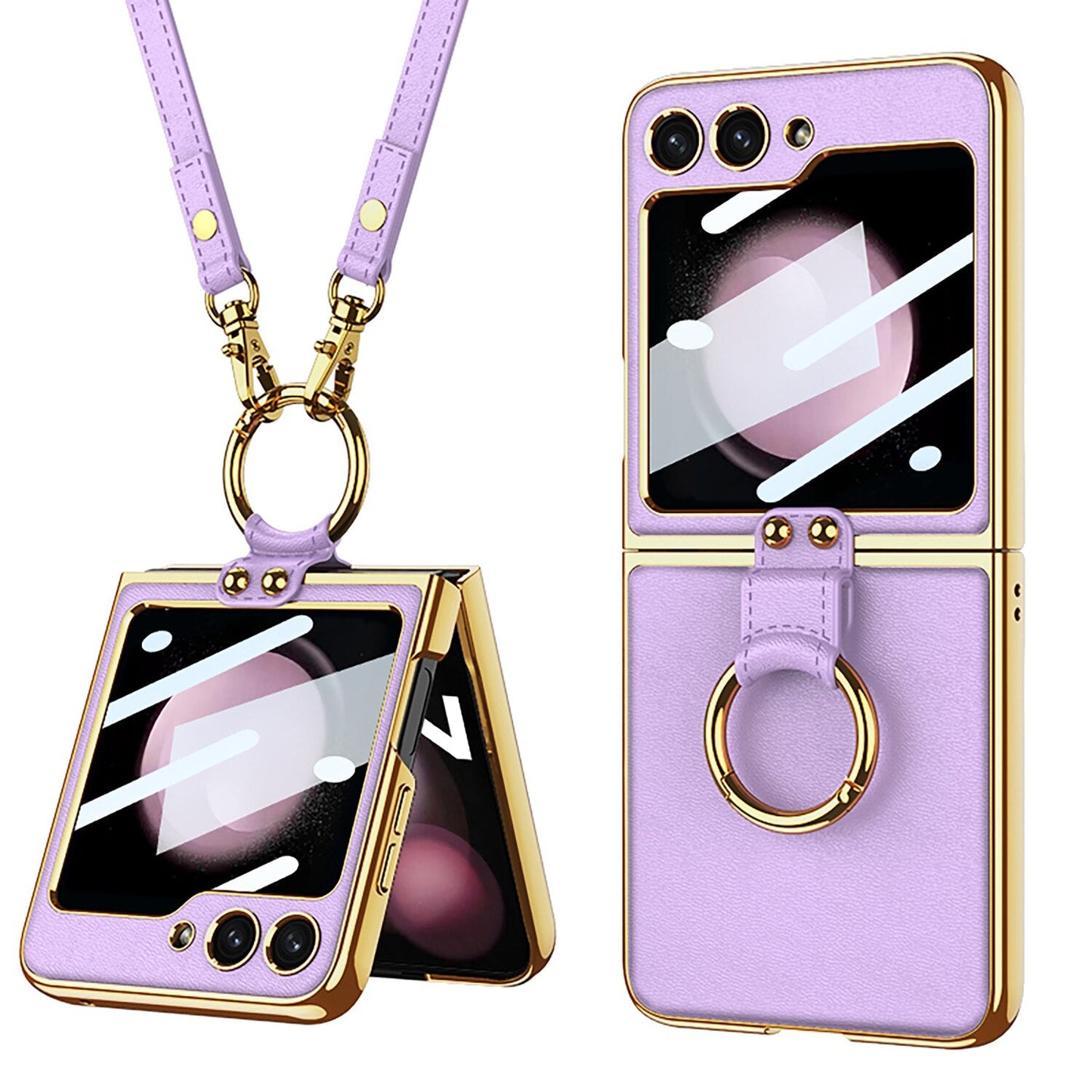 Luxury Leather Case with Ring Holder Lanyard for Samsung Galaxy Z Flip 5