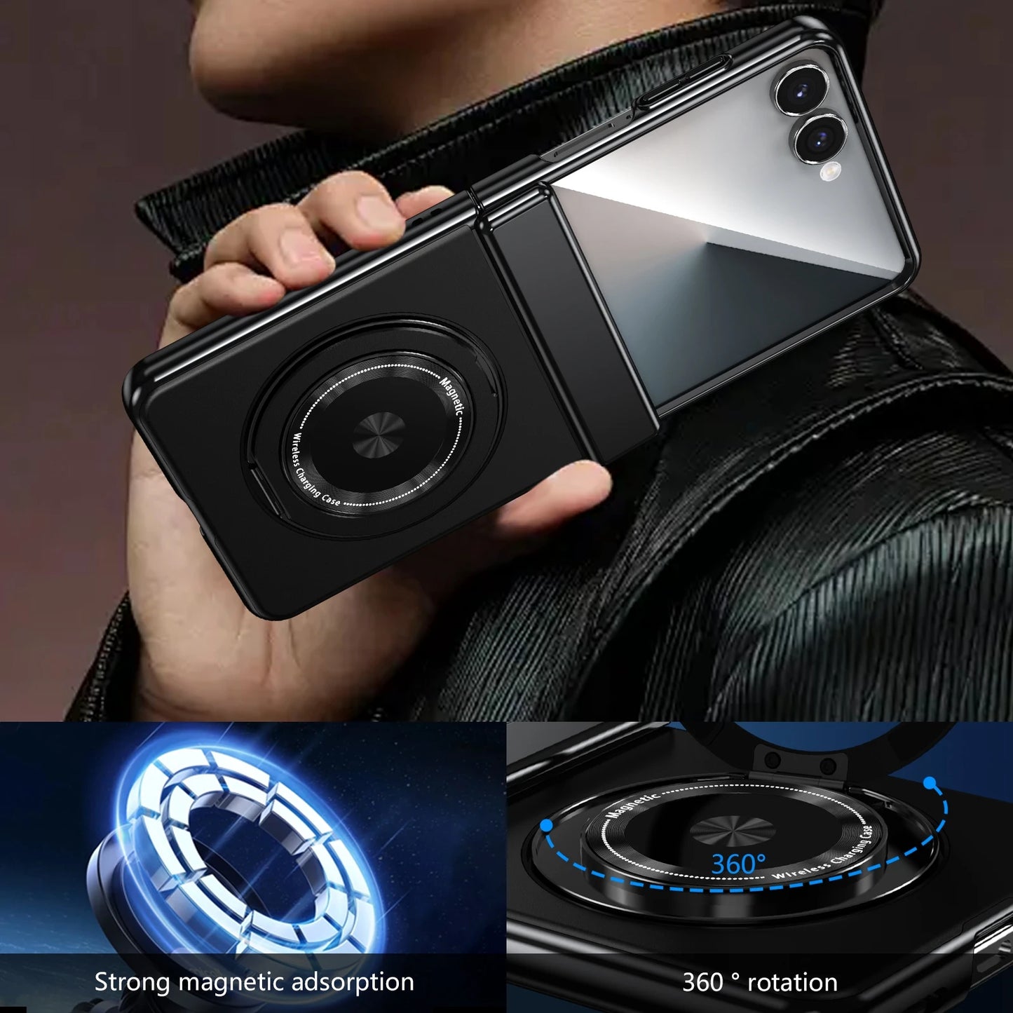 360° Rotating Ring Holder Magnetic Hinge Protection Case for Samsung Galaxy Z Flip 7 with Tempered Glass Film Cover