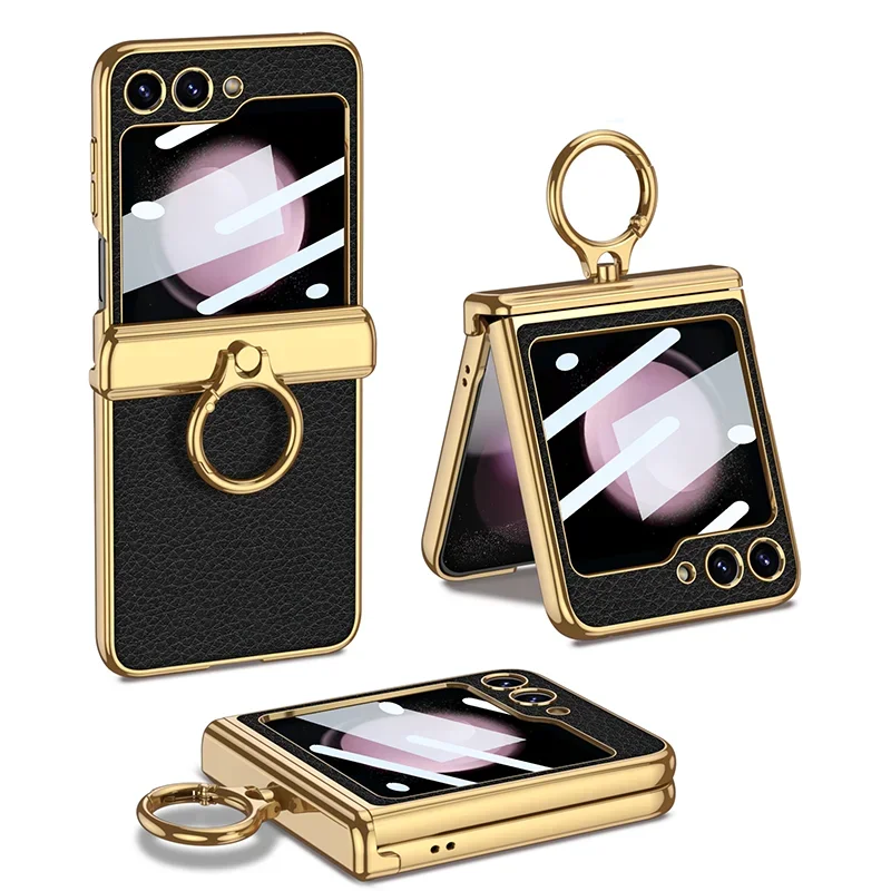 Leather Case With Front Glass & Bracket For Galaxy Z Flip 5