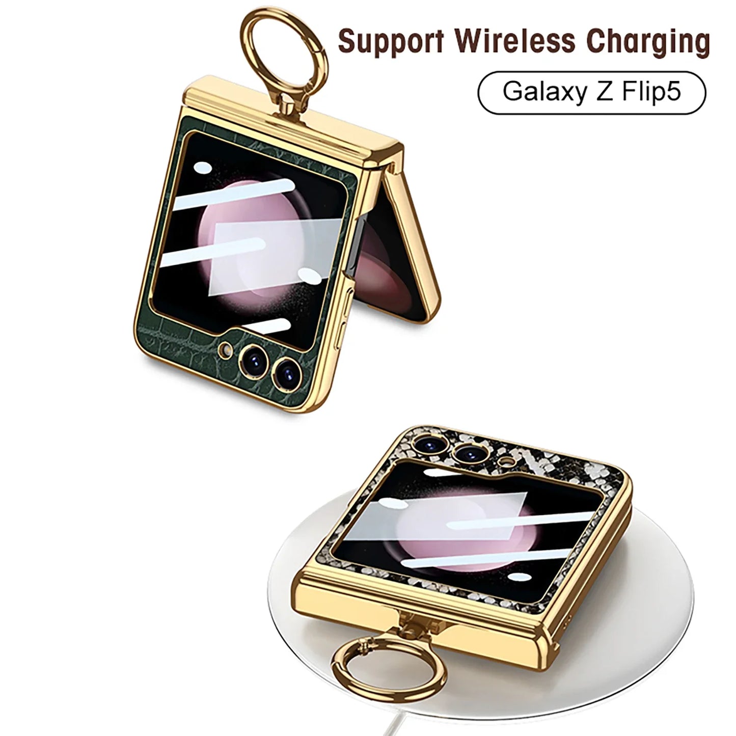 Leather Case With Front Glass & Bracket For Galaxy Z Flip 5