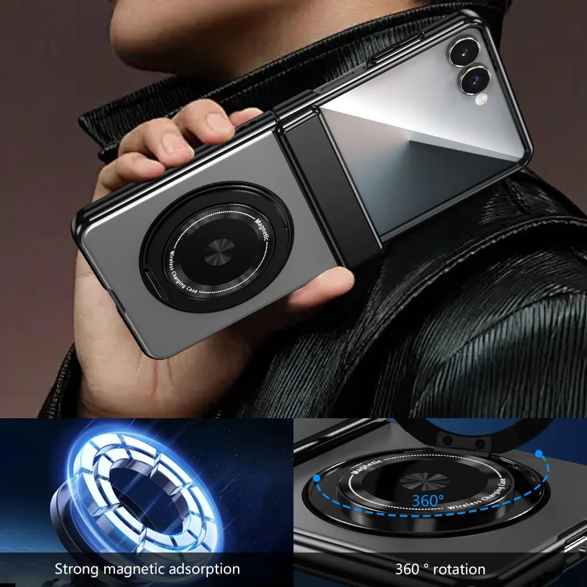 360° Rotating Ring Holder Magnetic Hinge Protection Case for Samsung Galaxy Z Flip 7 with Tempered Glass Film Cover
