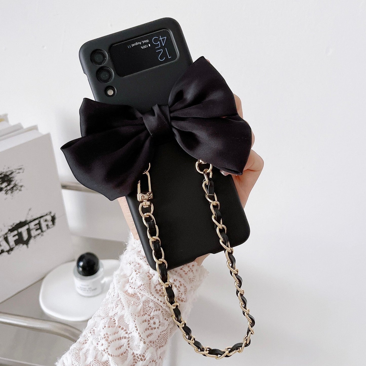 Korean 3D Leather Bow Lanyard Necklace Strap Hard Phone Case For Samsung Galaxy Z Flip 4