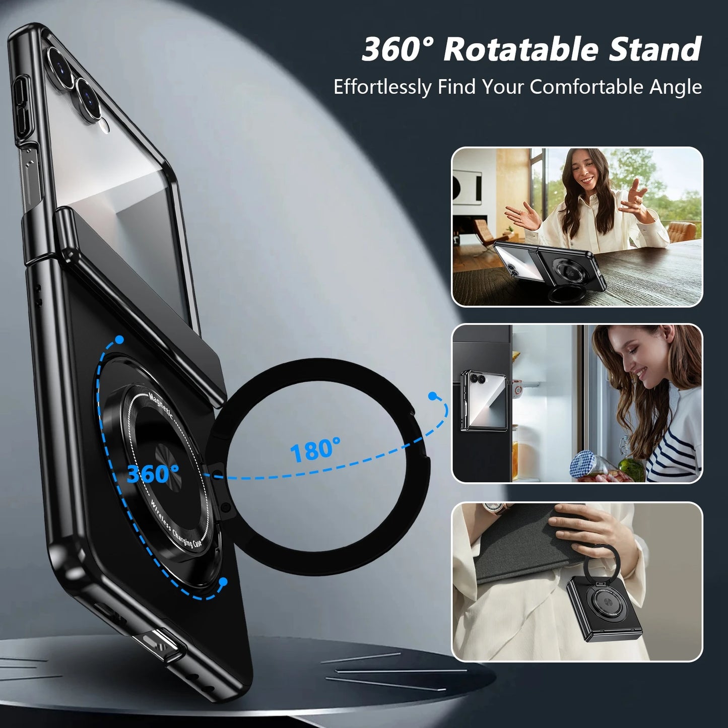 360° Rotating Ring Holder Magnetic Hinge Protection Case for Samsung Galaxy Z Flip 7 with Tempered Glass Film Cover