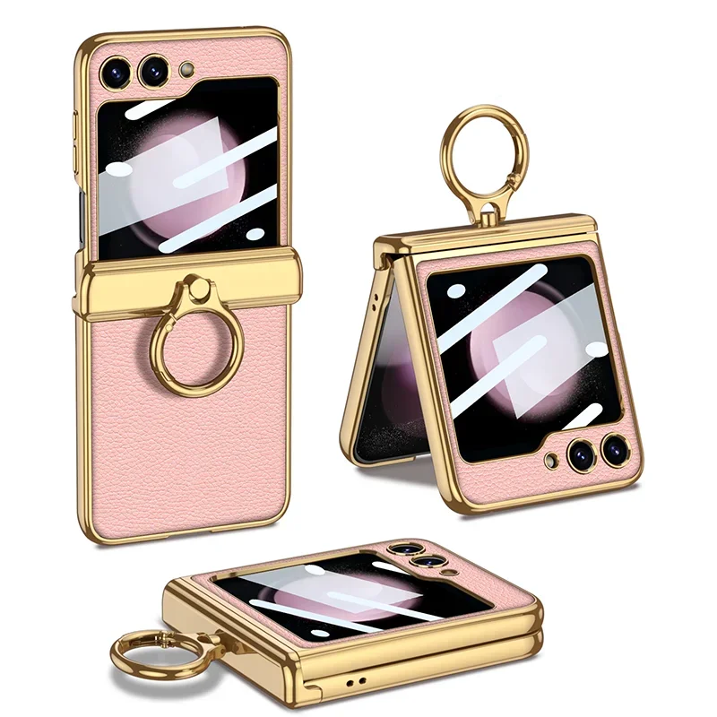 Leather Case With Front Glass & Bracket For Galaxy Z Flip 5