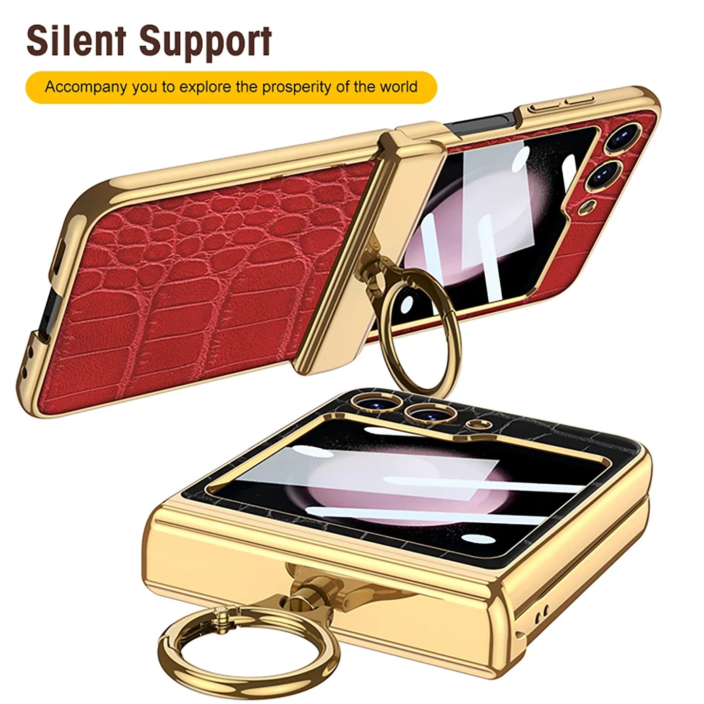 Leather Case With Front Glass & Bracket For Galaxy Z Flip 5
