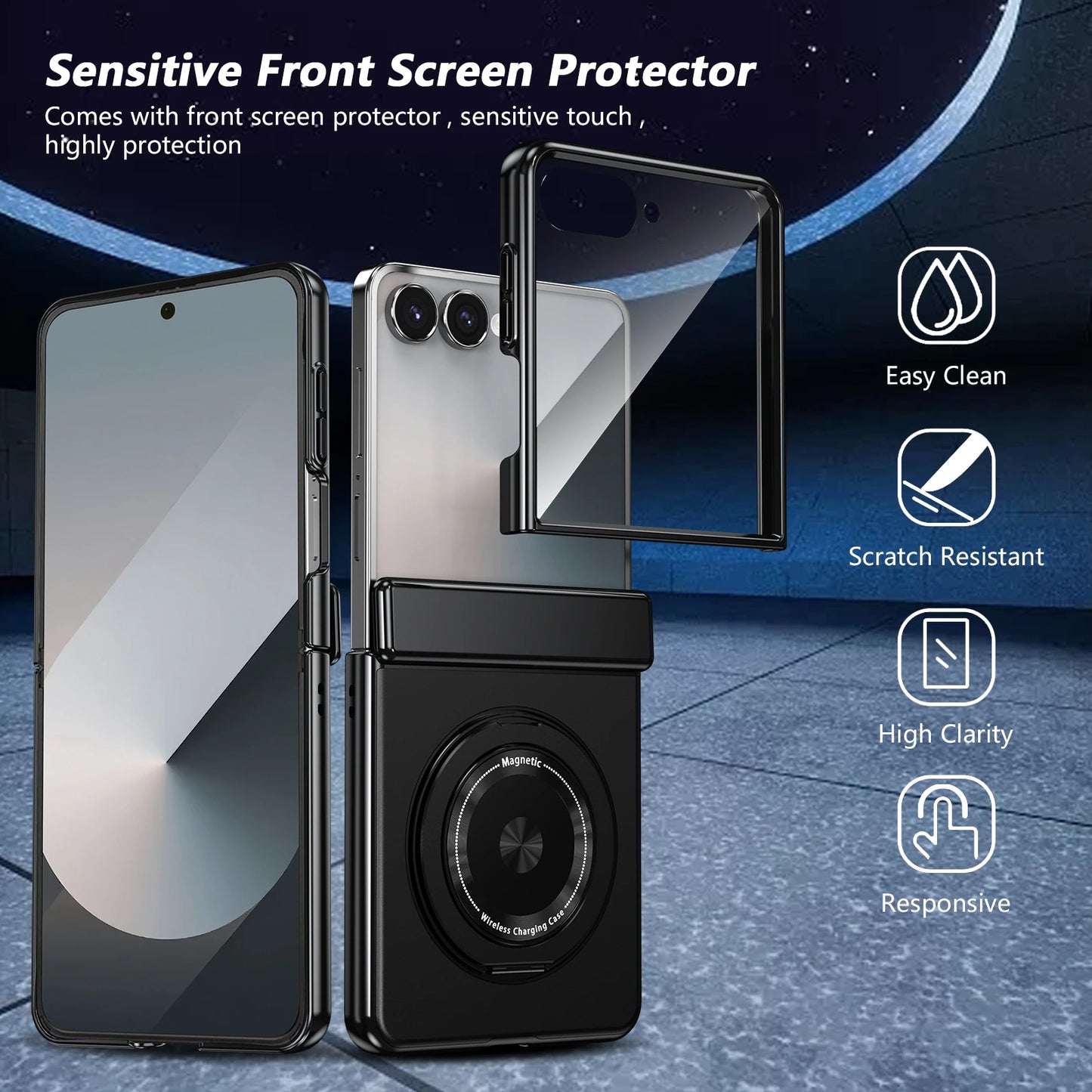 360° Rotating Ring Holder Magnetic Hinge Protection Case for Samsung Galaxy Z Flip 7 with Tempered Glass Film Cover
