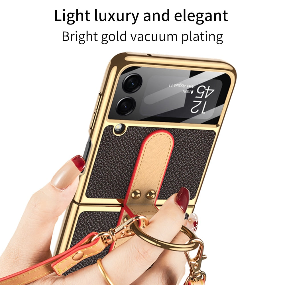 Luxury Leather Back Screen Tempered Glass Hard Frame Cover For Samsung Z Flip 4 5G With Lanyard