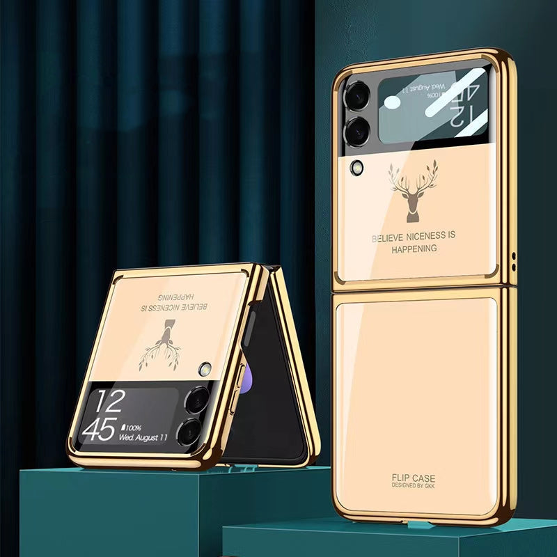 Luxury Deer Pattern Electroplating Tempered Glass Case For Samsung Z Flip 4 5G