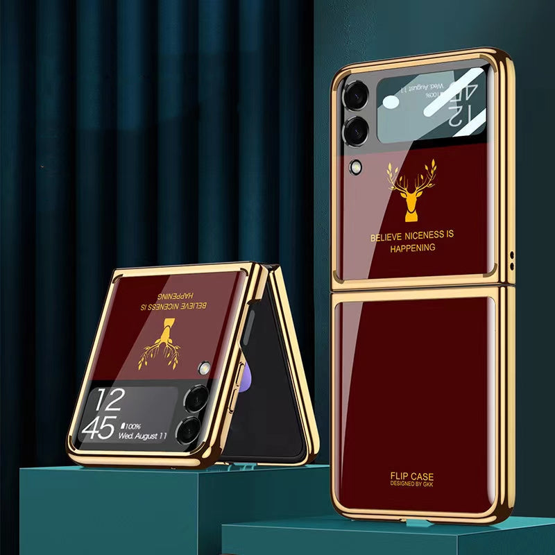 Luxury Deer Pattern Electroplating Tempered Glass Case For Samsung Z Flip 4 5G