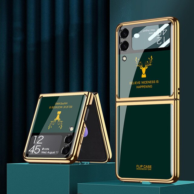 Luxury Deer Pattern Electroplating Tempered Glass Case For Samsung Z Flip 4 5G