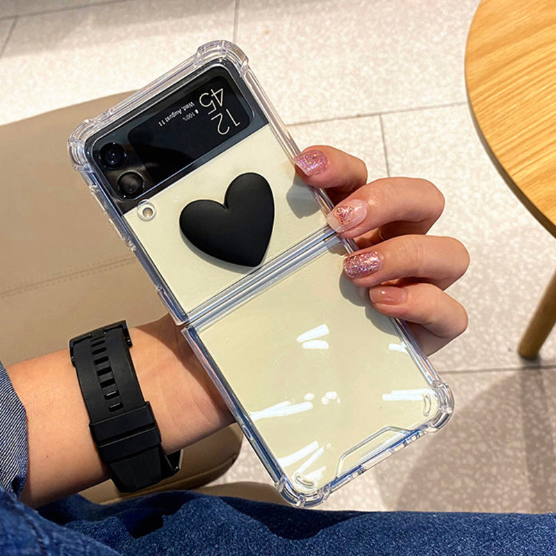 Cute 3D Black Heart Transparent PC Hard Slim Phone Case For Samsung Galaxy Z Flip 4