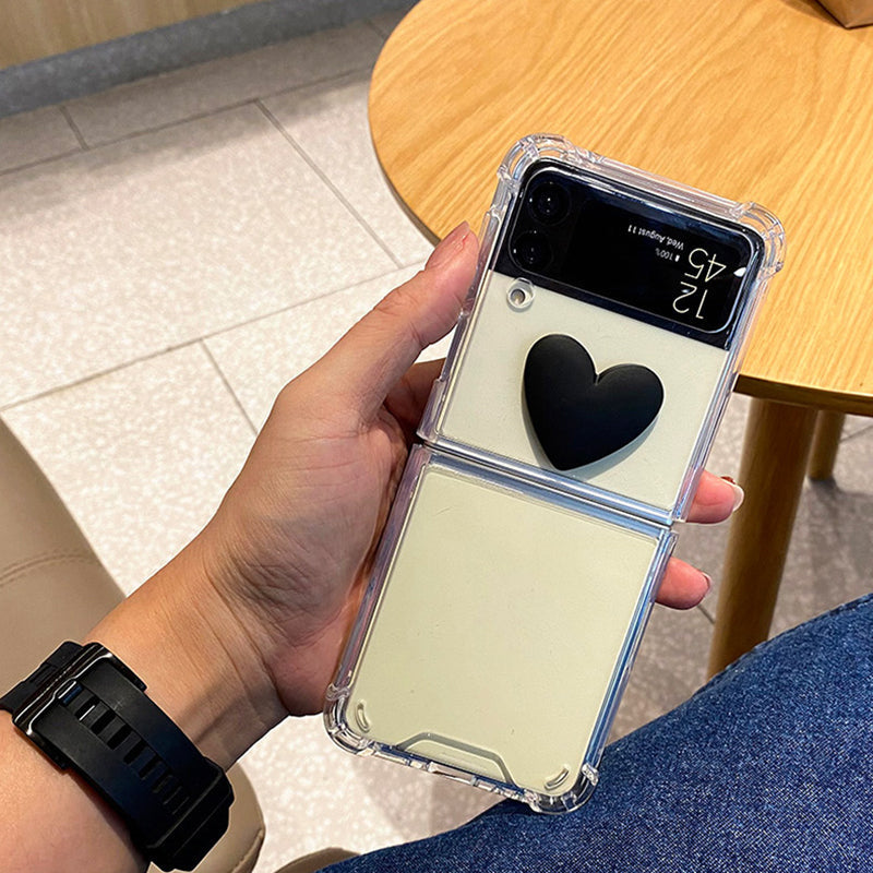 Cute 3D Black Heart Transparent PC Hard Slim Phone Case For Samsung Galaxy Z Flip 4
