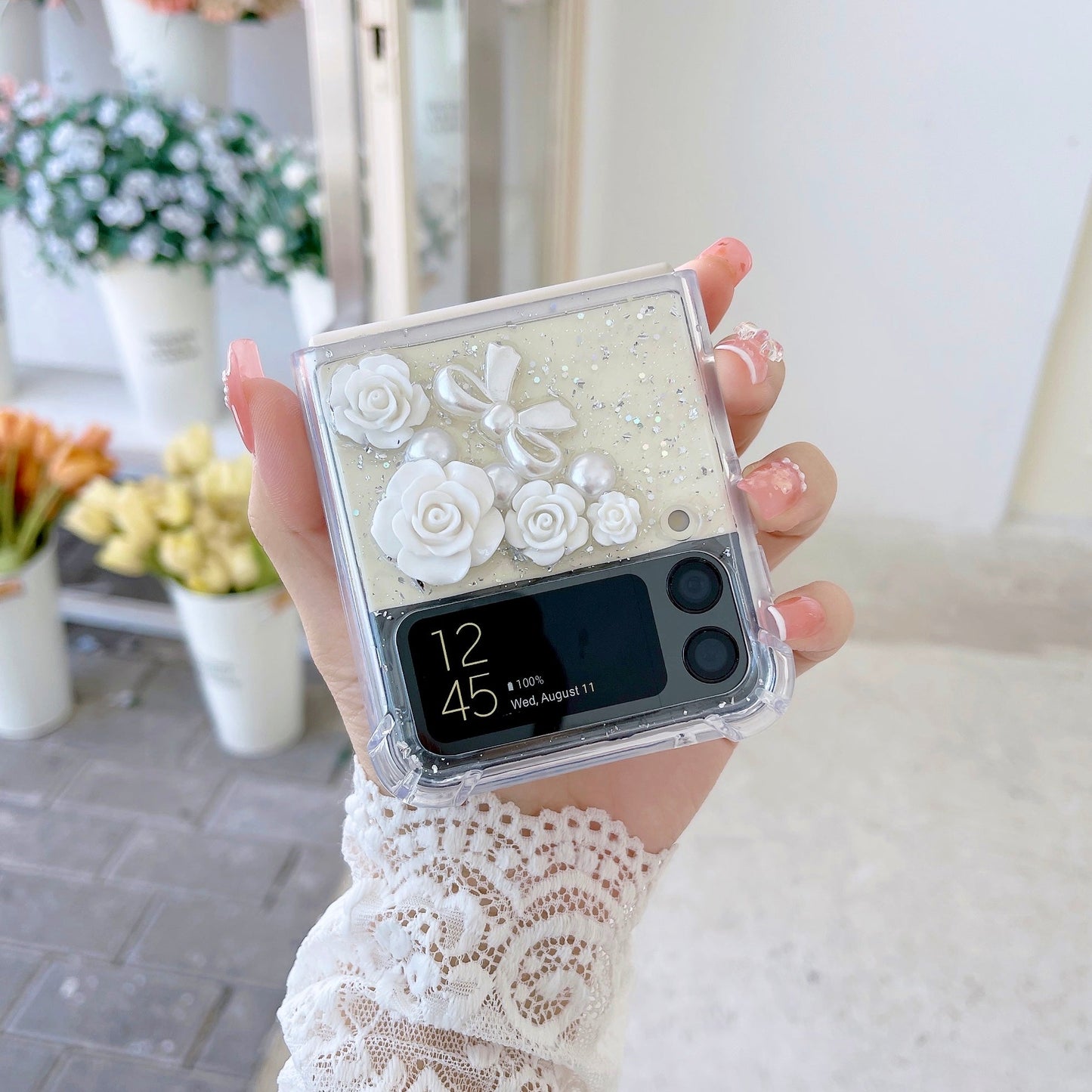 Transparent 3D Rose Glitter Case For Galaxy Z Flip 4