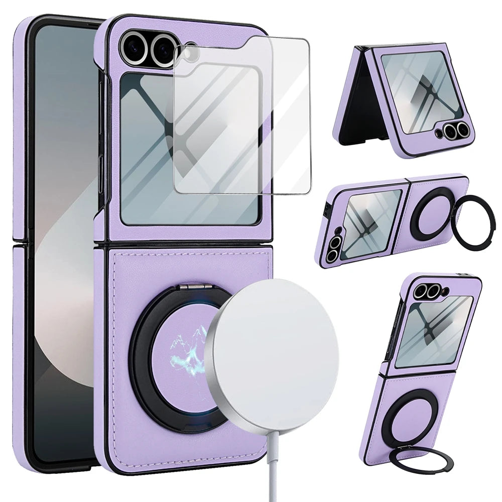 Z Flip 7 Leather Ring Case with Kickstand, Magnetic MagSafe, Tempered Glass Protector, Wireless Charging Compatible