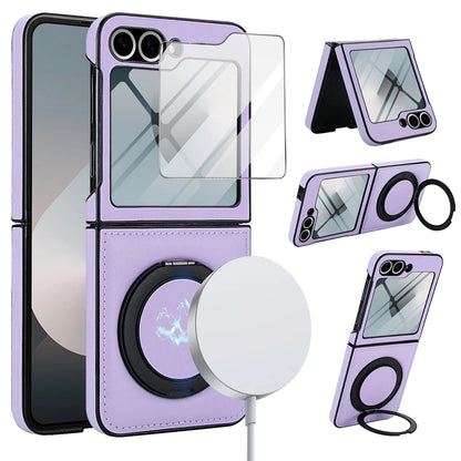 Z Flip 7 Leather Ring Case with Kickstand, Magnetic MagSafe, Tempered Glass Protector, Wireless Charging Compatible