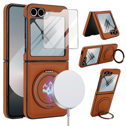 Z Flip 7 Leather Ring Case with Kickstand, Magnetic MagSafe, Tempered Glass Protector, Wireless Charging Compatible