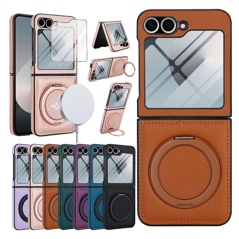 Z Flip 7 Leather Ring Case with Kickstand, Magnetic MagSafe, Tempered Glass Protector, Wireless Charging Compatible