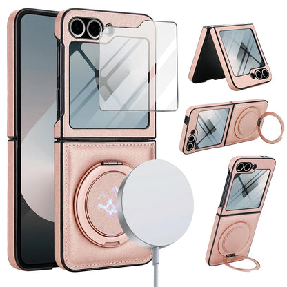 Z Flip 7 Leather Ring Case with Kickstand, Magnetic MagSafe, Tempered Glass Protector, Wireless Charging Compatible
