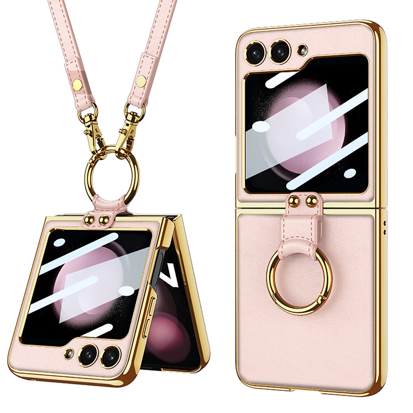 Luxury Leather Case with Ring Holder Lanyard for Samsung Galaxy Z Flip 5