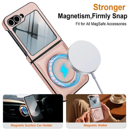 Z Flip 7 Leather Ring Case with Kickstand, Magnetic MagSafe, Tempered Glass Protector, Wireless Charging Compatible