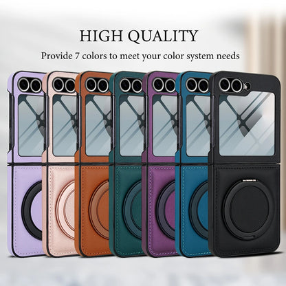 Z Flip 7 Leather Ring Case with Kickstand, Magnetic MagSafe, Tempered Glass Protector, Wireless Charging Compatible