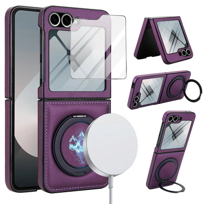 Z Flip 7 Leather Ring Case with Kickstand, Magnetic MagSafe, Tempered Glass Protector, Wireless Charging Compatible