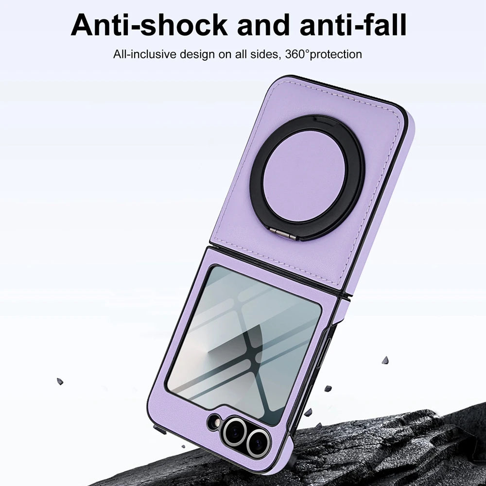 Z Flip 7 Leather Ring Case with Kickstand, Magnetic MagSafe, Tempered Glass Protector, Wireless Charging Compatible