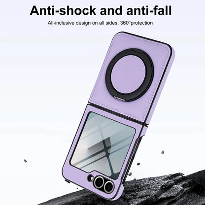 Z Flip 7 Leather Ring Case with Kickstand, Magnetic MagSafe, Tempered Glass Protector, Wireless Charging Compatible