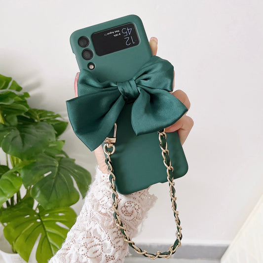 Korean 3D Leather Bow Lanyard Necklace Strap Hard Phone Case For Samsung Galaxy Z Flip 4