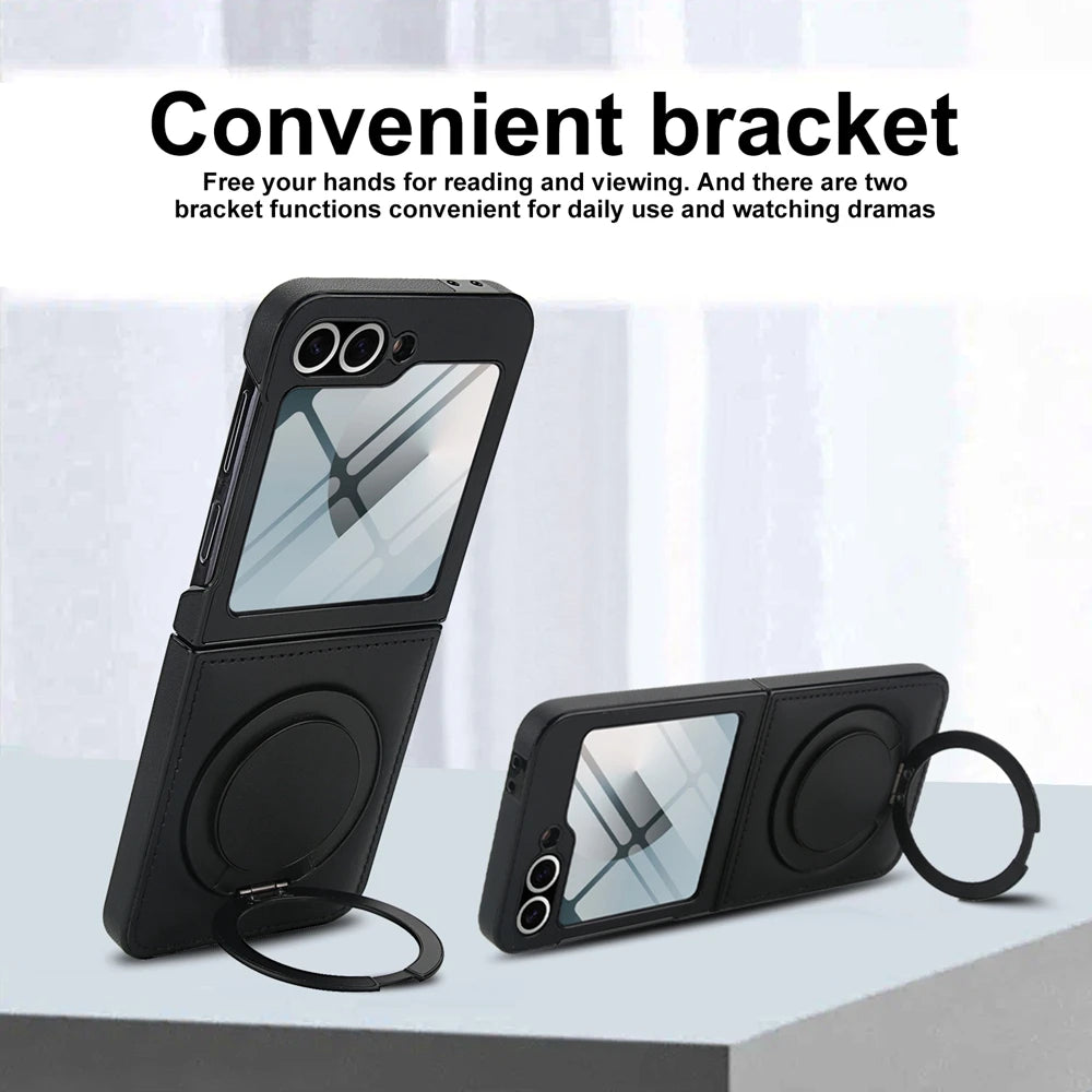 Z Flip 7 Leather Ring Case with Kickstand, Magnetic MagSafe, Tempered Glass Protector, Wireless Charging Compatible