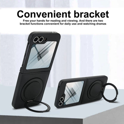 Z Flip 7 Leather Ring Case with Kickstand, Magnetic MagSafe, Tempered Glass Protector, Wireless Charging Compatible