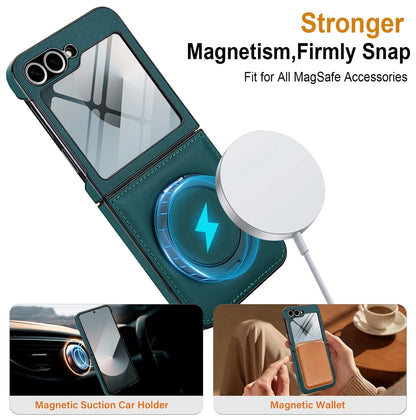 Z Flip 7 Leather Ring Case with Kickstand, Magnetic MagSafe, Tempered Glass Protector, Wireless Charging Compatible