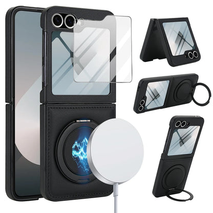 Z Flip 7 Leather Ring Case with Kickstand, Magnetic MagSafe, Tempered Glass Protector, Wireless Charging Compatible
