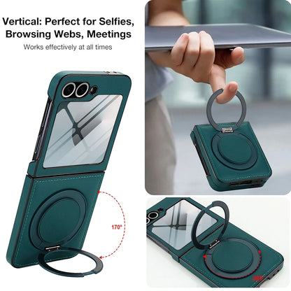 Z Flip 7 Leather Ring Case with Kickstand, Magnetic MagSafe, Tempered Glass Protector, Wireless Charging Compatible
