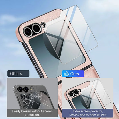 Z Flip 7 Leather Ring Case with Kickstand, Magnetic MagSafe, Tempered Glass Protector, Wireless Charging Compatible