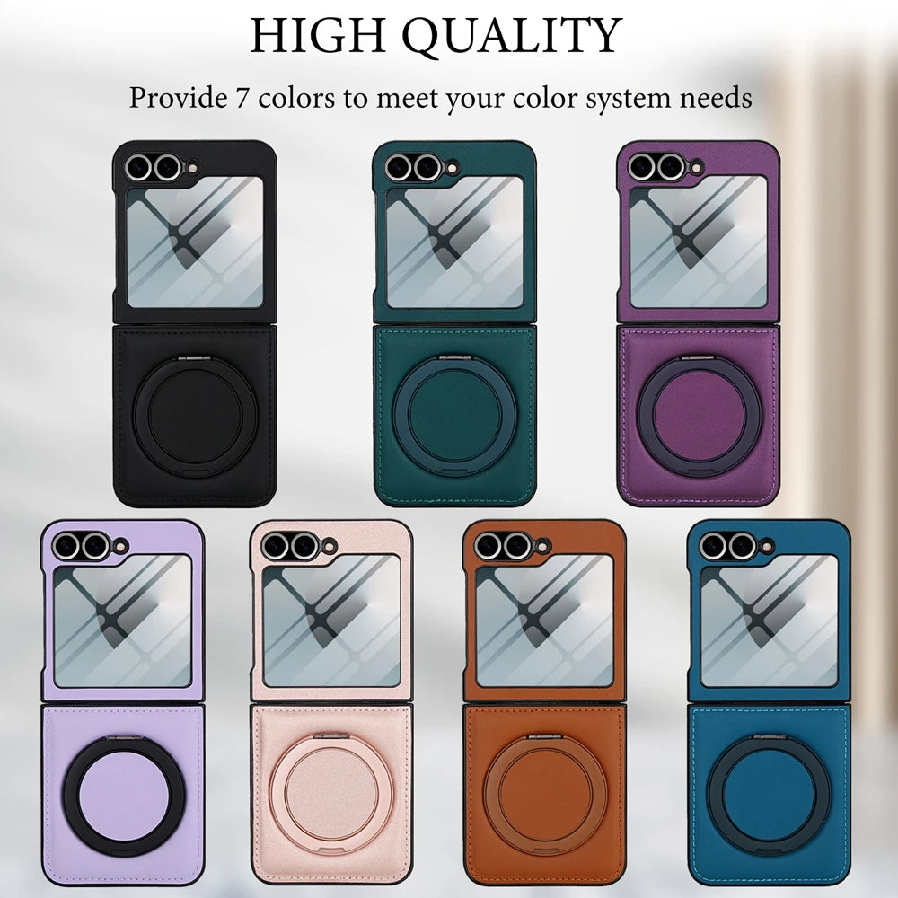 Z Flip 7 Leather Ring Case with Kickstand, Magnetic MagSafe, Tempered Glass Protector, Wireless Charging Compatible