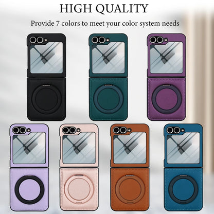 Z Flip 7 Leather Ring Case with Kickstand, Magnetic MagSafe, Tempered Glass Protector, Wireless Charging Compatible