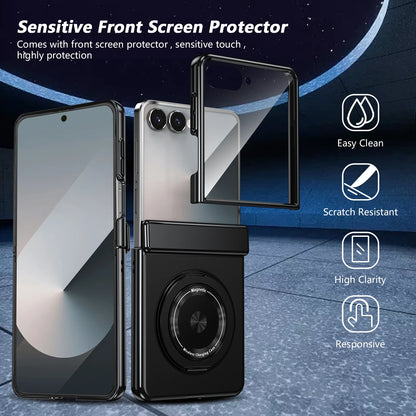 360° Rotating Ring Holder Magnetic Hinge Protection Case for Samsung Galaxy Z Flip 7 with Tempered Glass Film Cover
