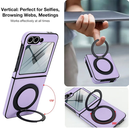 Z Flip 7 Leather Ring Case with Kickstand, Magnetic MagSafe, Tempered Glass Protector, Wireless Charging Compatible