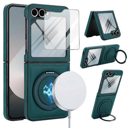 Z Flip 7 Leather Ring Case with Kickstand, Magnetic MagSafe, Tempered Glass Protector, Wireless Charging Compatible
