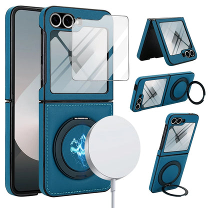 Z Flip 7 Leather Ring Case with Kickstand, Magnetic MagSafe, Tempered Glass Protector, Wireless Charging Compatible