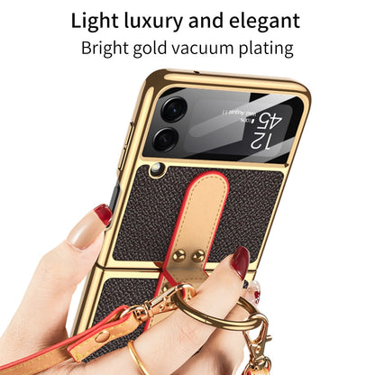 Luxury Leather Back Screen Tempered Glass Hard Frame Cover For Samsung Z Flip 4 5G With Lanyard
