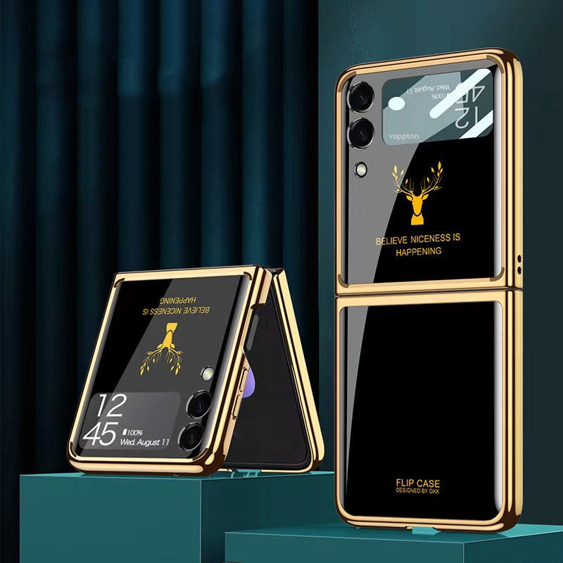 Luxury Deer Pattern Electroplating Tempered Glass Case For Samsung Z Flip 4 5G