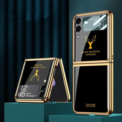 Luxury Deer Pattern Electroplating Tempered Glass Case For Samsung Z Flip 4 5G